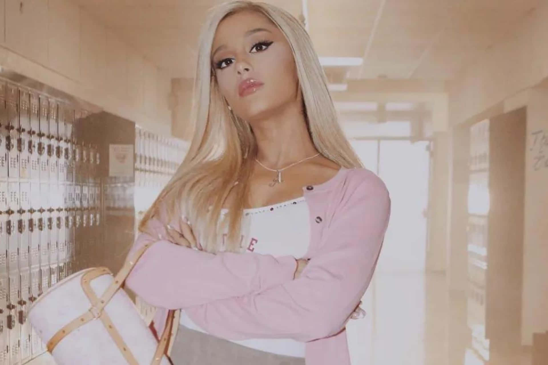 Ariana Grande Pink Outfit School Hallway Background