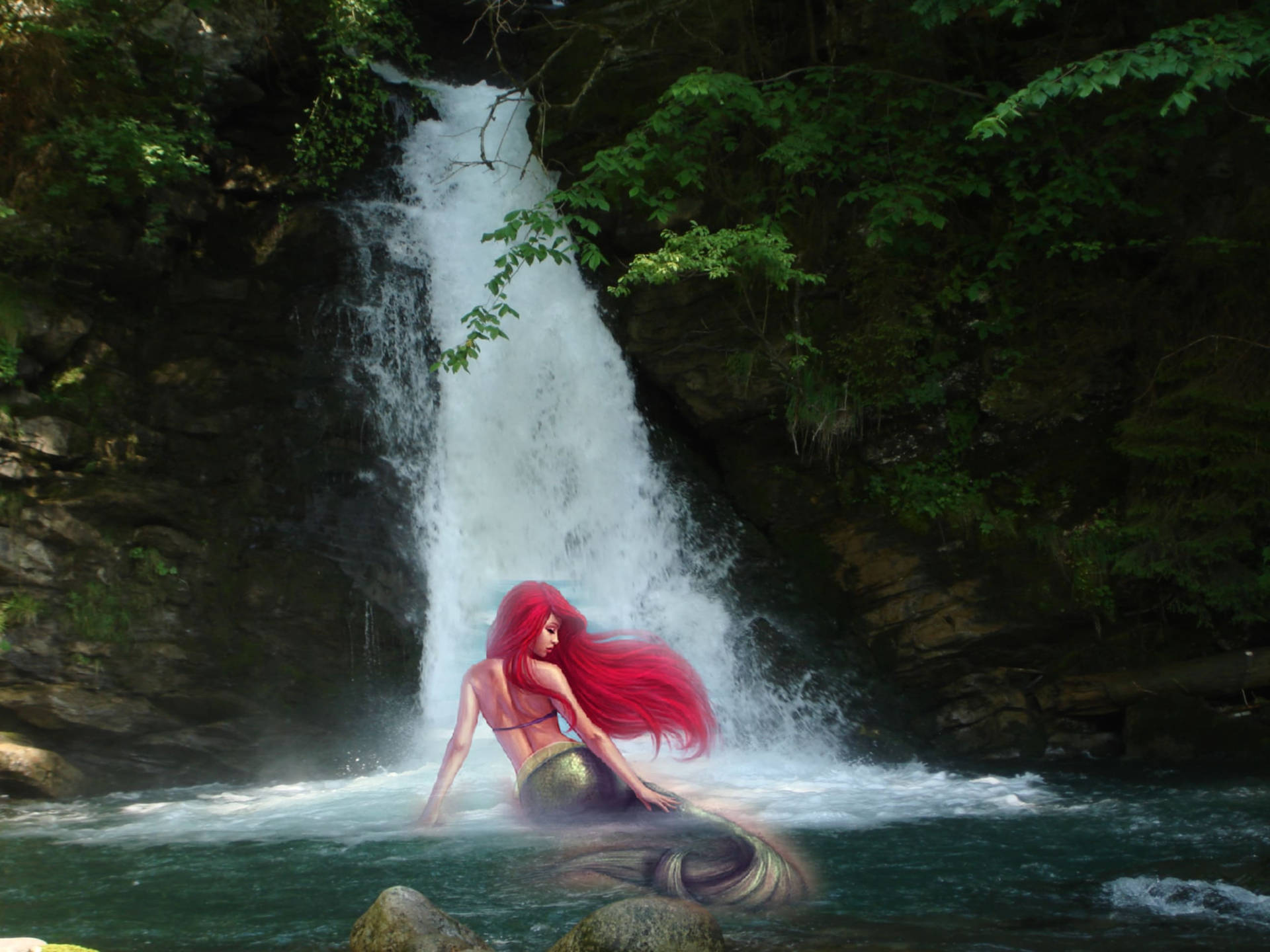 Ariel In Waterfall Background