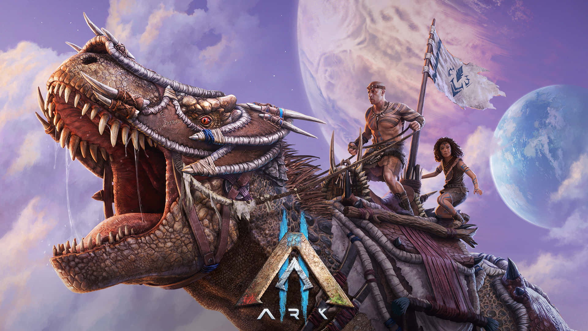Ark Iii - A Dinosaur And Two People Riding On It Background