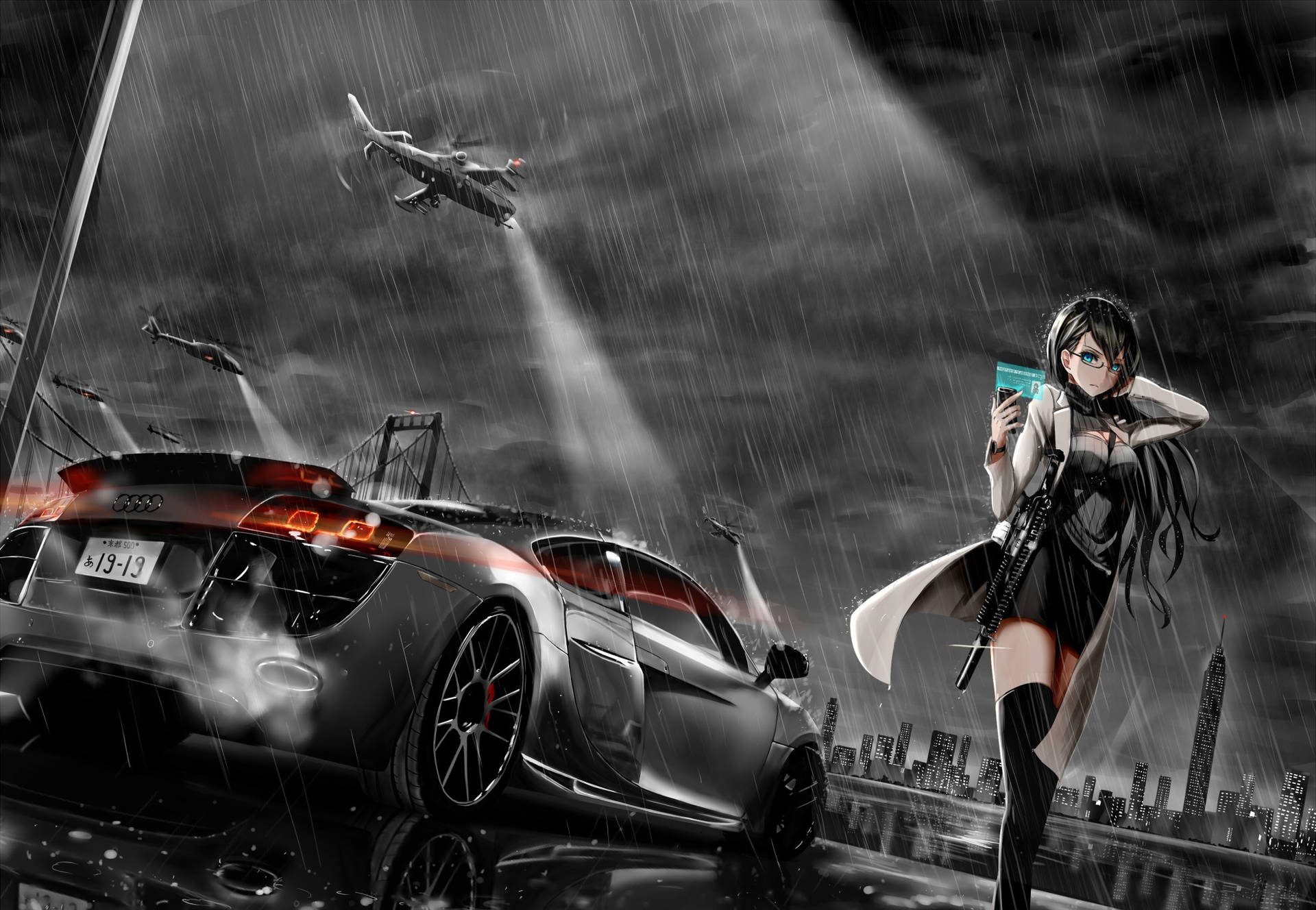 Armed Girl And Audi Car Anime Background