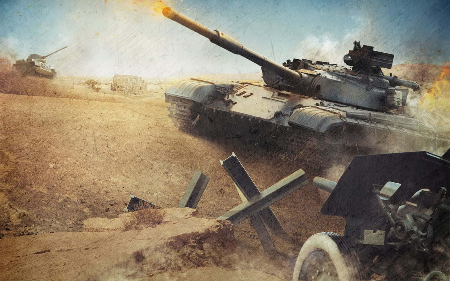 Armored Tanks Advance In Formation Background
