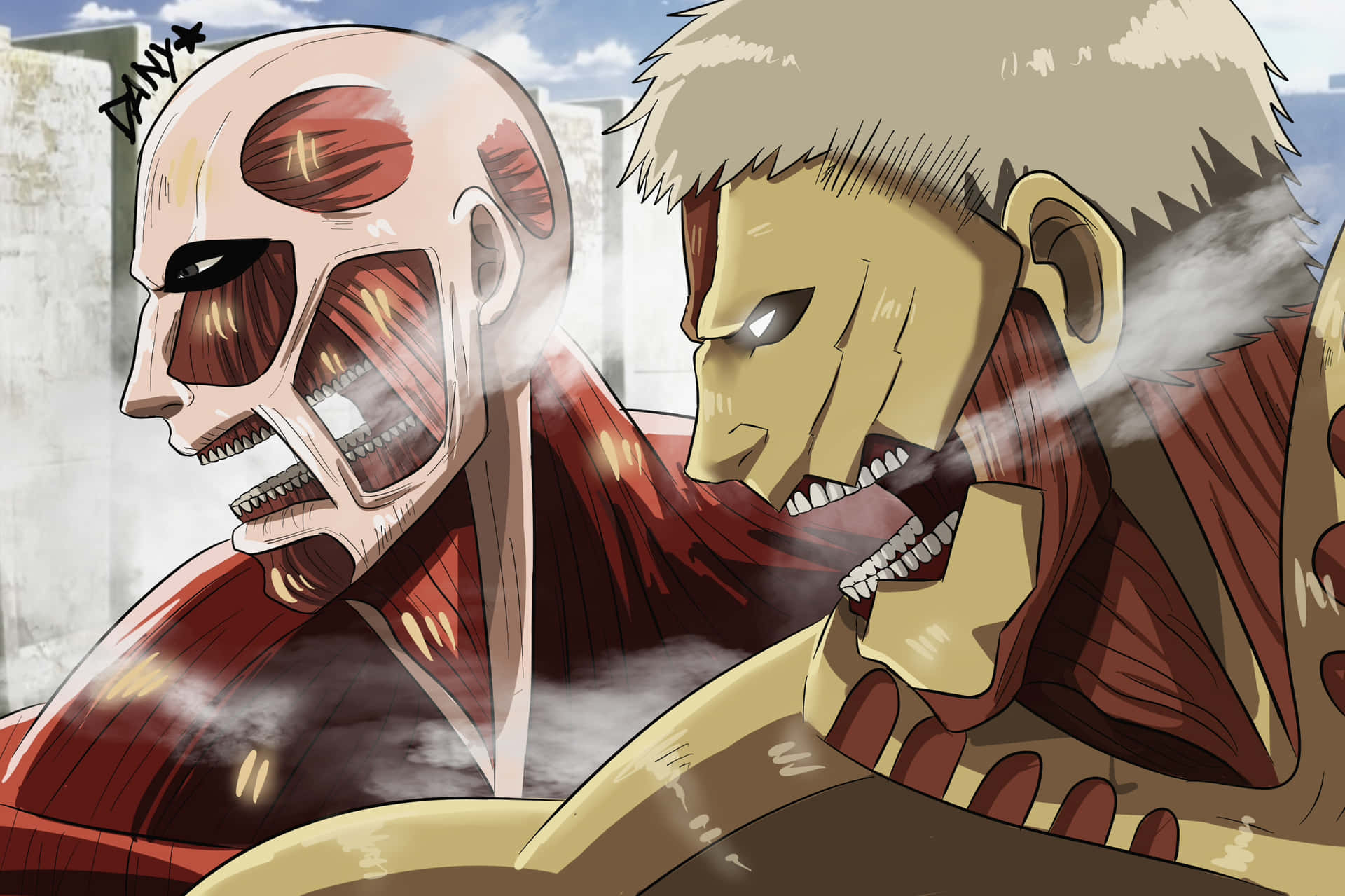 Armored Titan Punches Colossal Titan Background