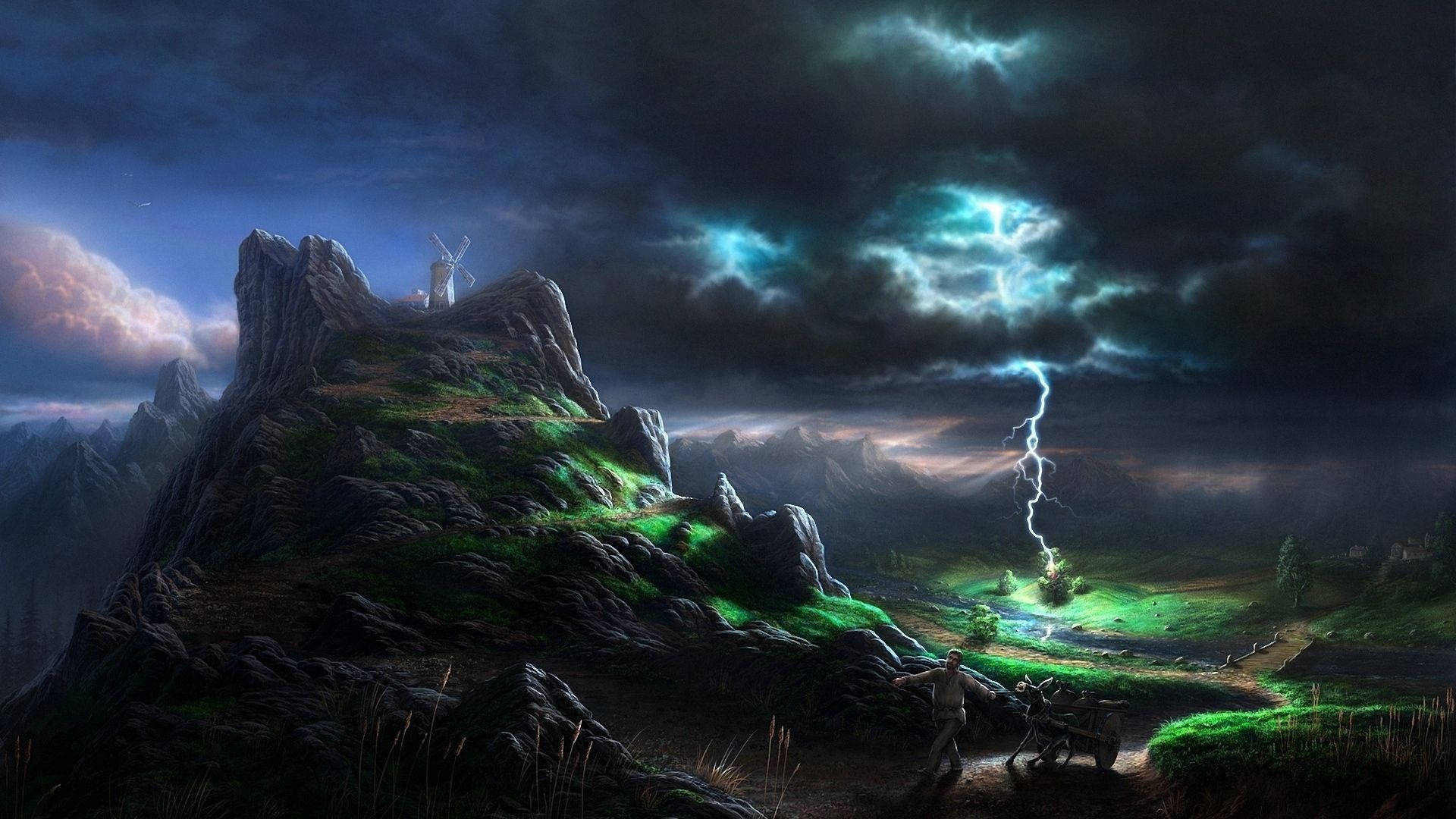 Art Lightning Strike Mountain Background