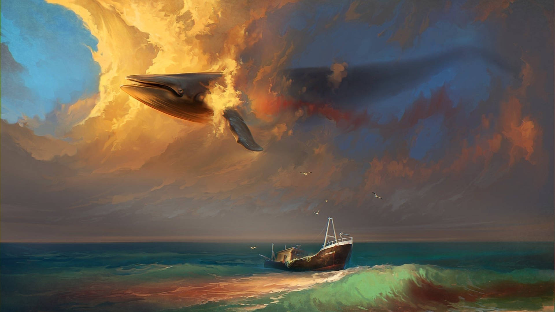 Art Of Blue Whale Floating In Clouds Background