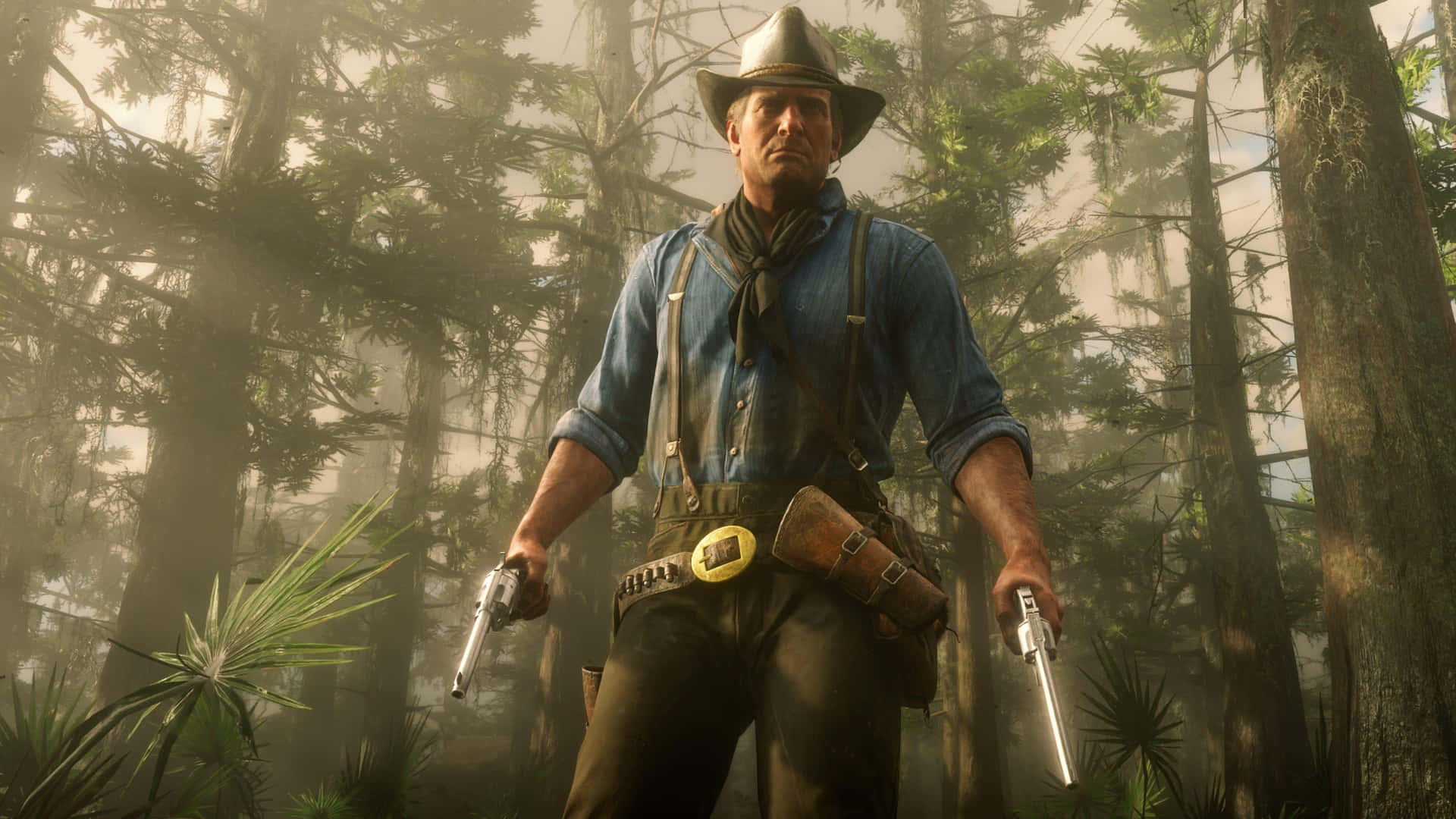 Arthur Morgan Dual Wieldingin Forest Background