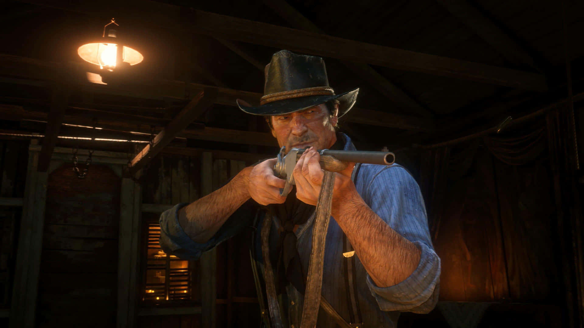 Arthur Morgan Loading Double Barrel Shotgun Background