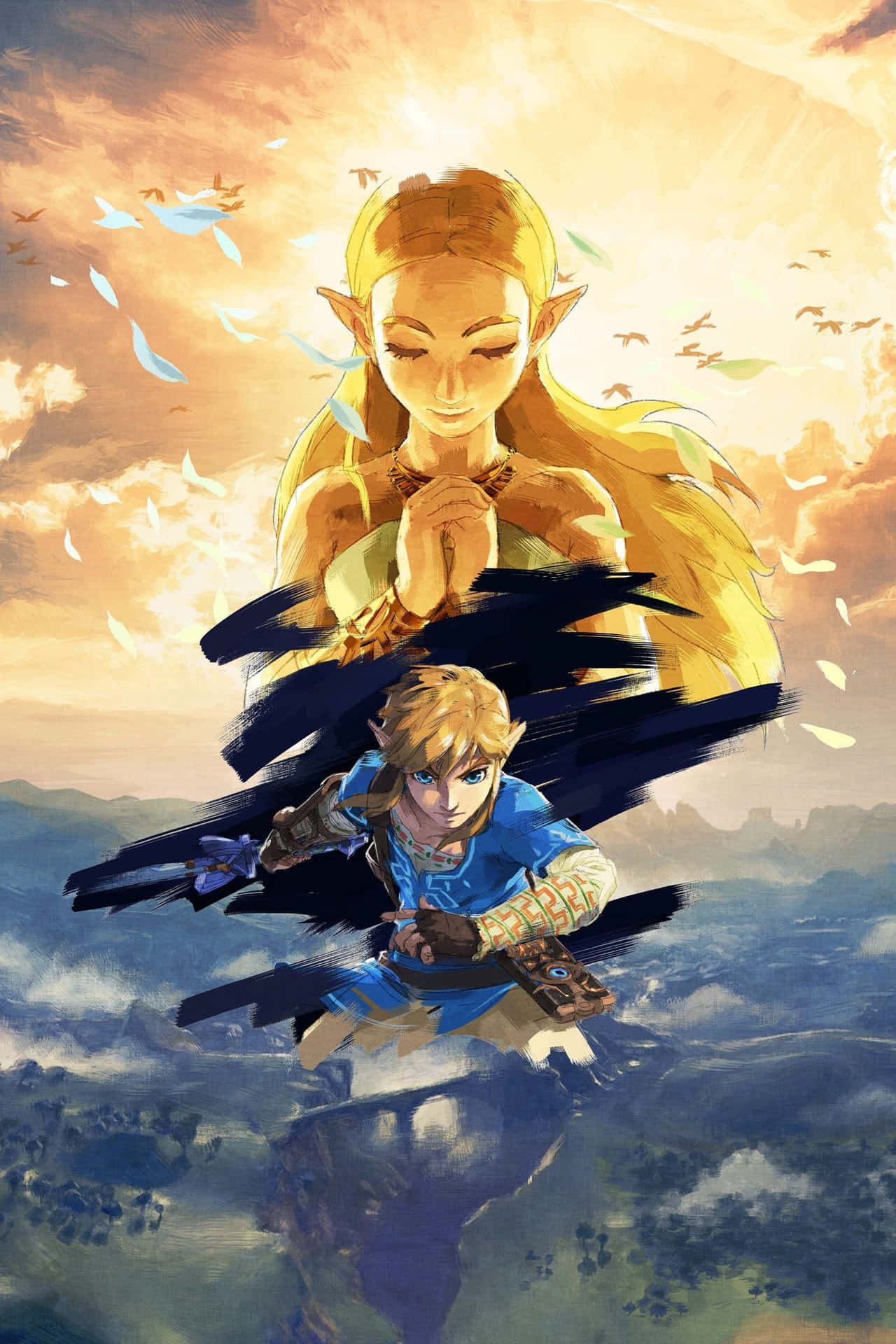 Artistic Depiction Of Link Soaring Through The Air In Zelda Breath Of The Wild 4k Background