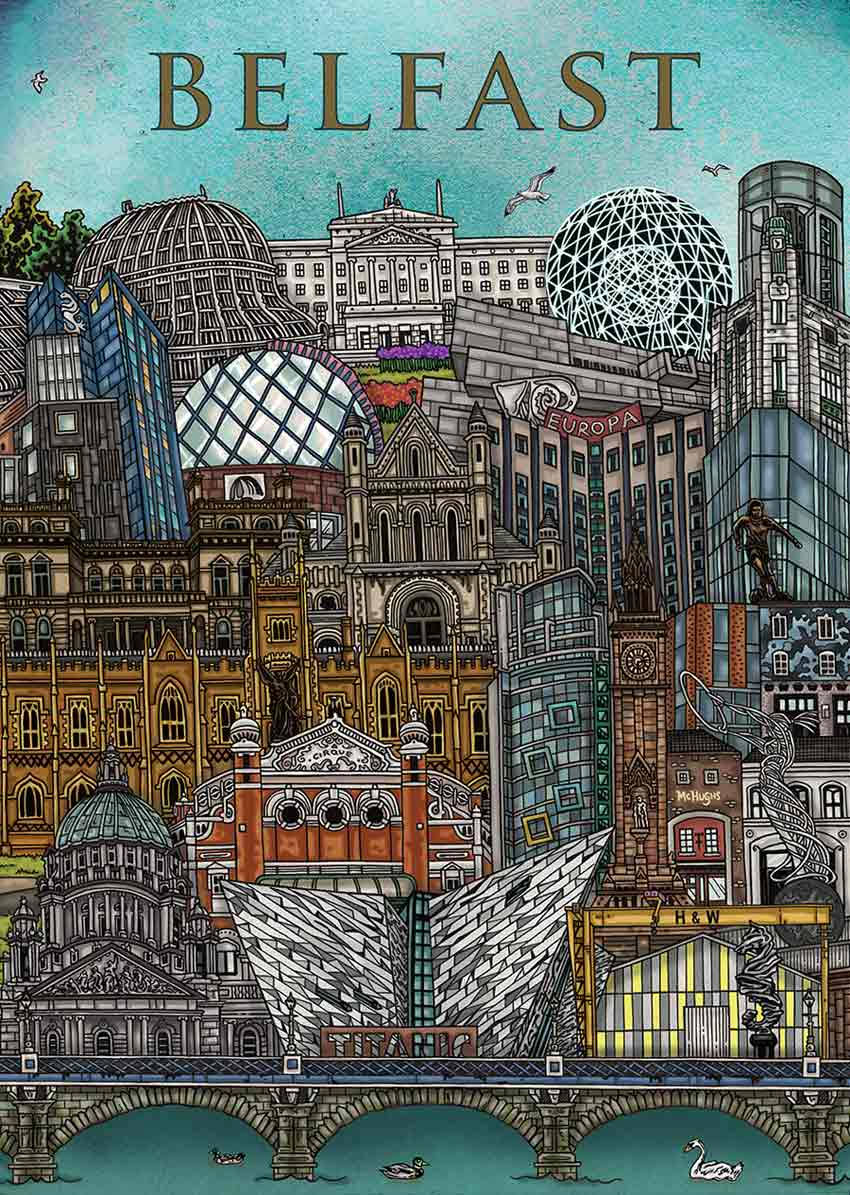 Artistic Doodle Representation Of Belfast Highlights Background