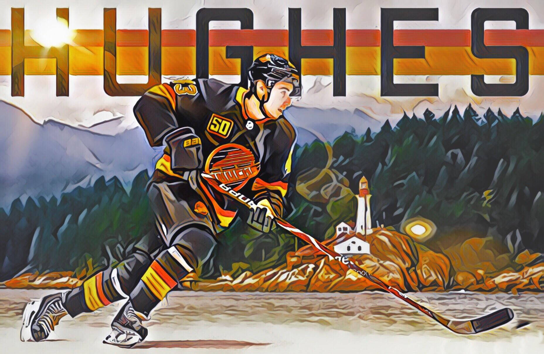 Artwork Of Quinn Hughes Dribbling In Front Of Lighthouse Park With Last Name Background