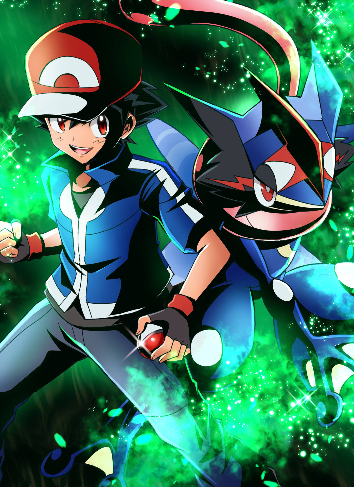 Ash And Greninja In Green Background