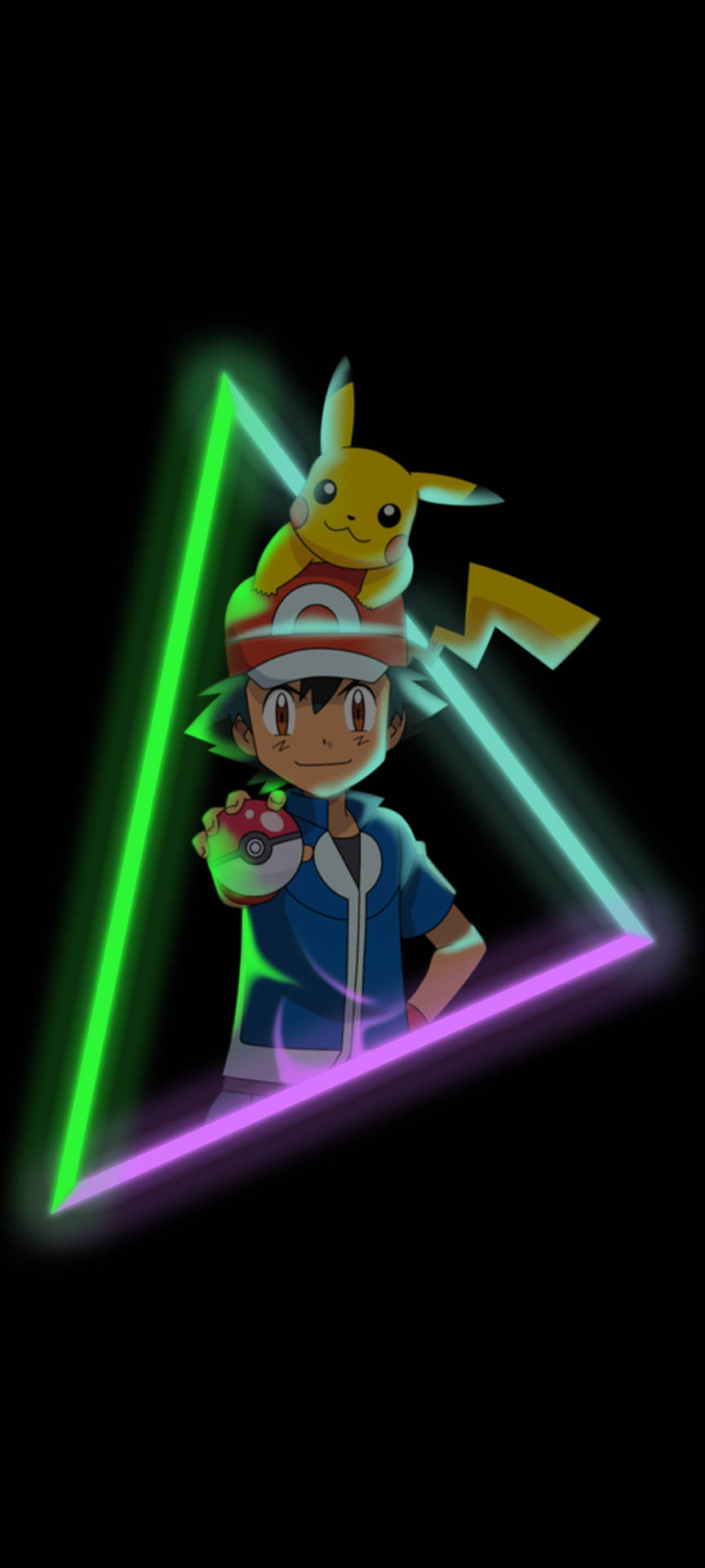 Ash And Pikachu Hd With Neon Triangle Background