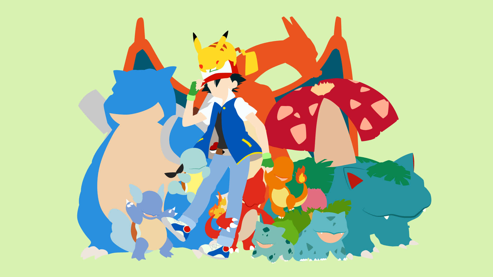 Ash Ketchum With Pikachu, Wartortle, And Other Pokémon Background