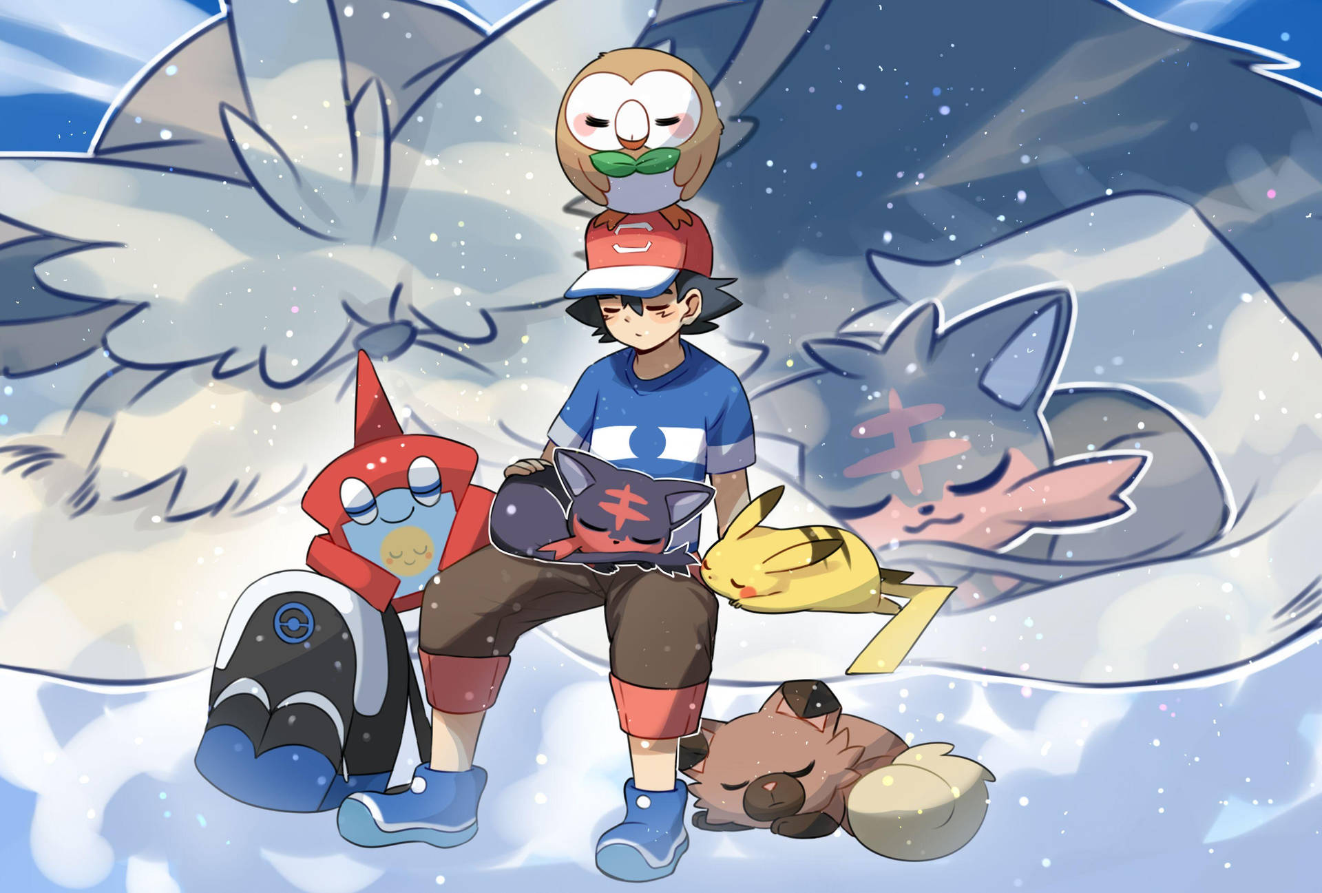 Ash Rowlet Alola Pokemon Sleeping Background