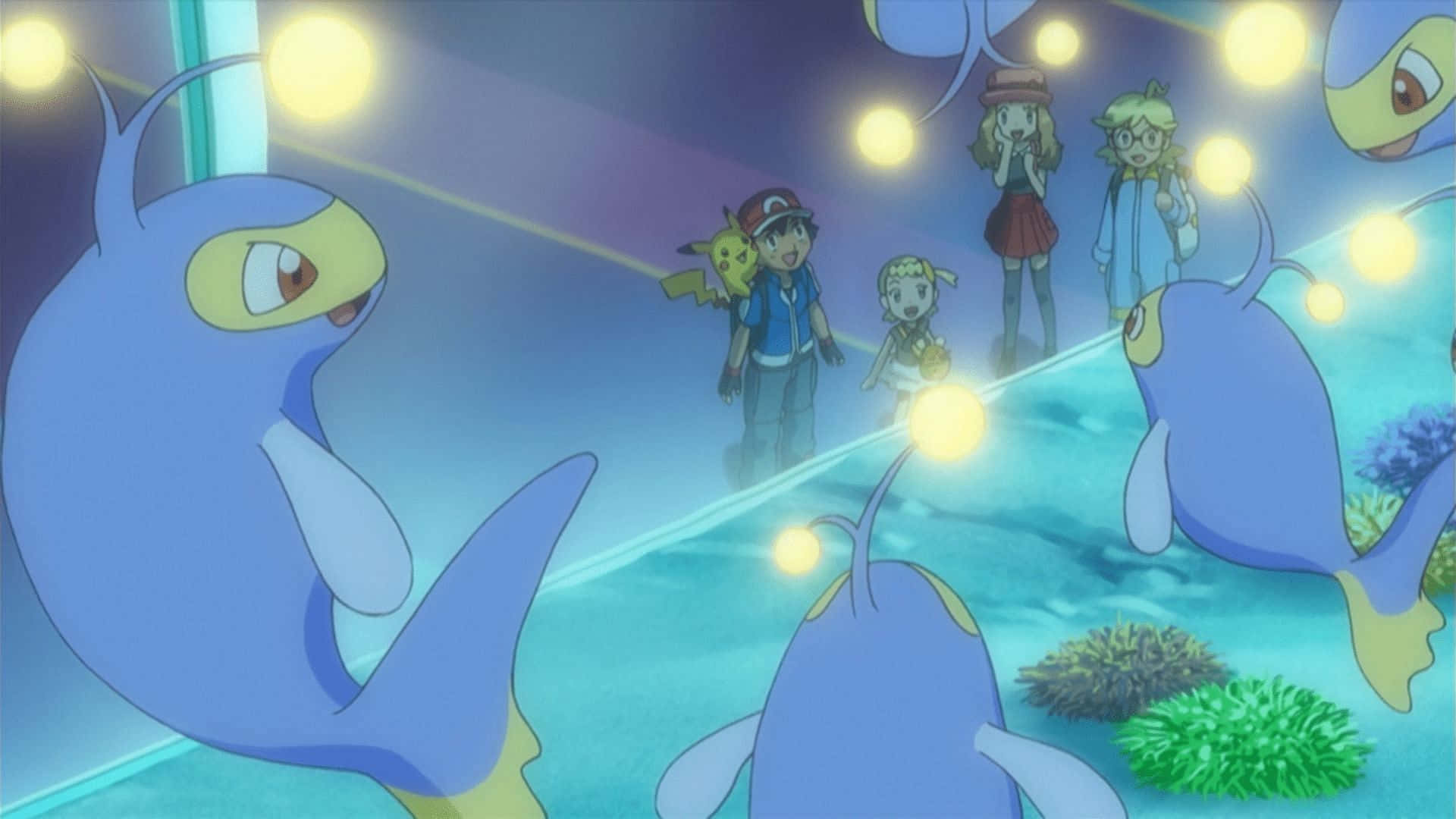 Ash, Serena, Clemont, Bonnie, And Lanturn Background