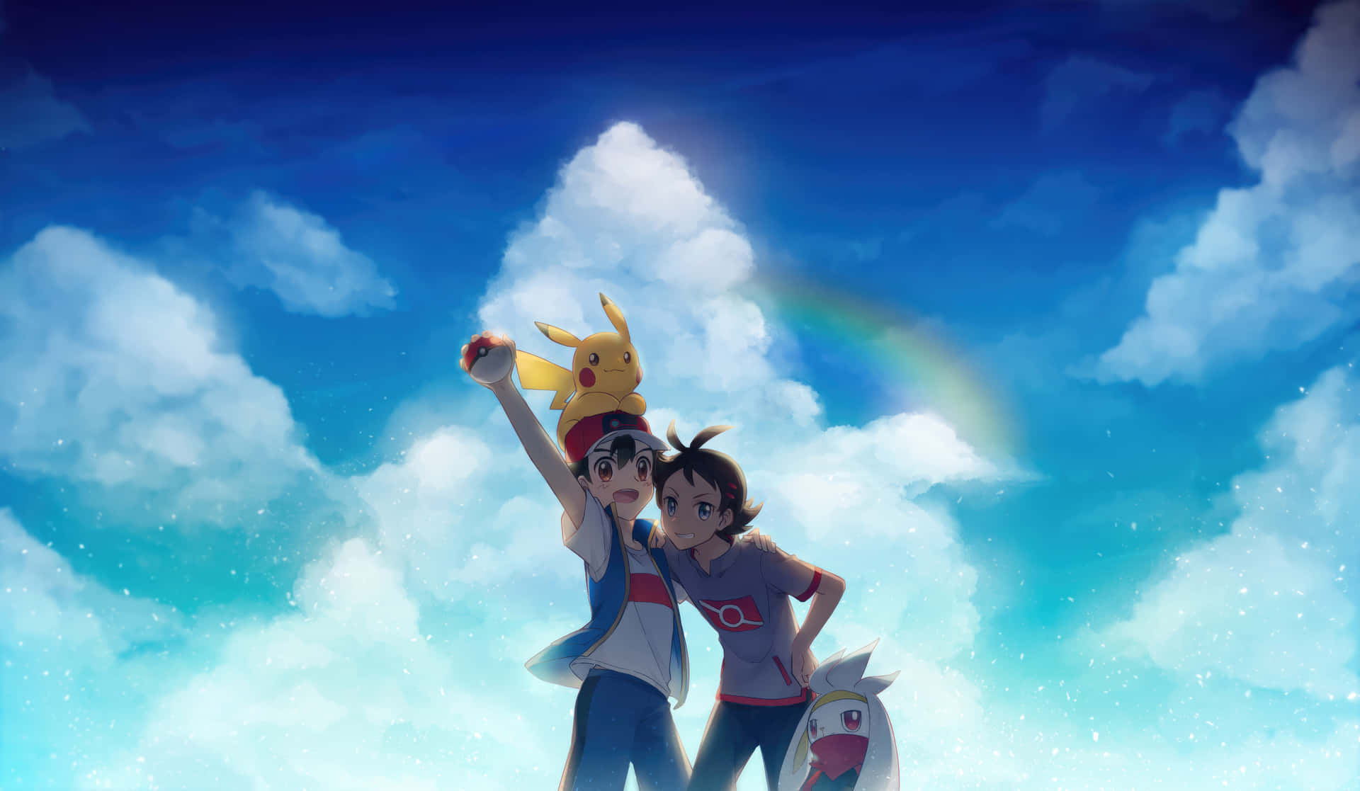 Ashand Pikachu Victory Posewith Rainbow