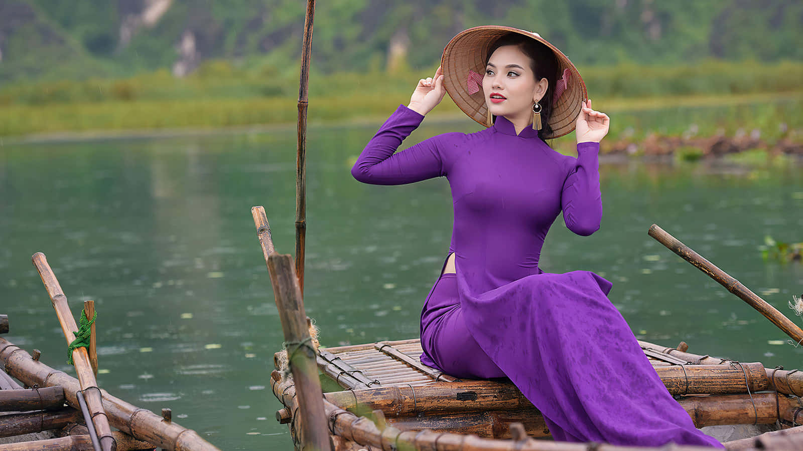 Asian Sitting On The Boat Background