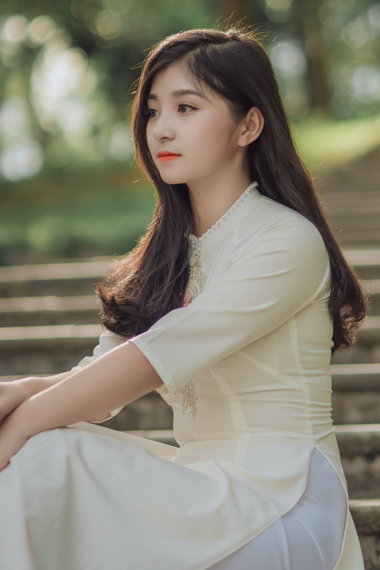 Asian Woman In Elegant White Dress Background