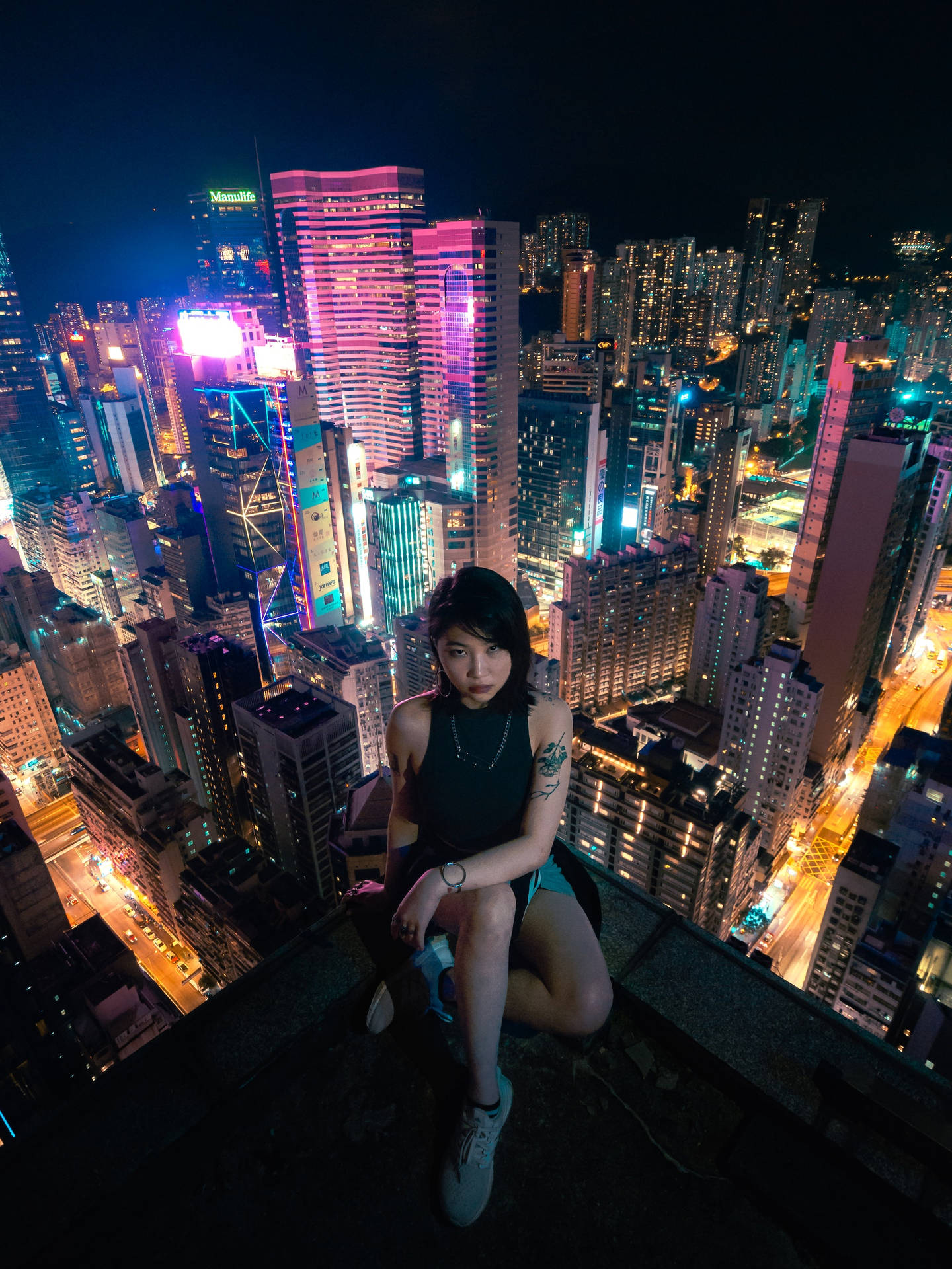Asian Woman In Scenic Cityscape Background