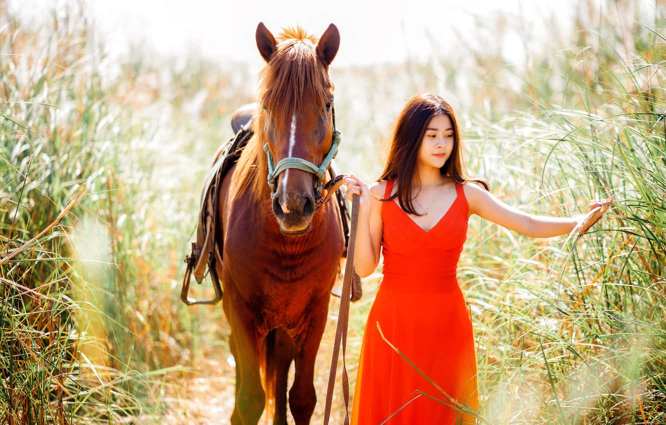 Asian Woman Walking With Horse Background