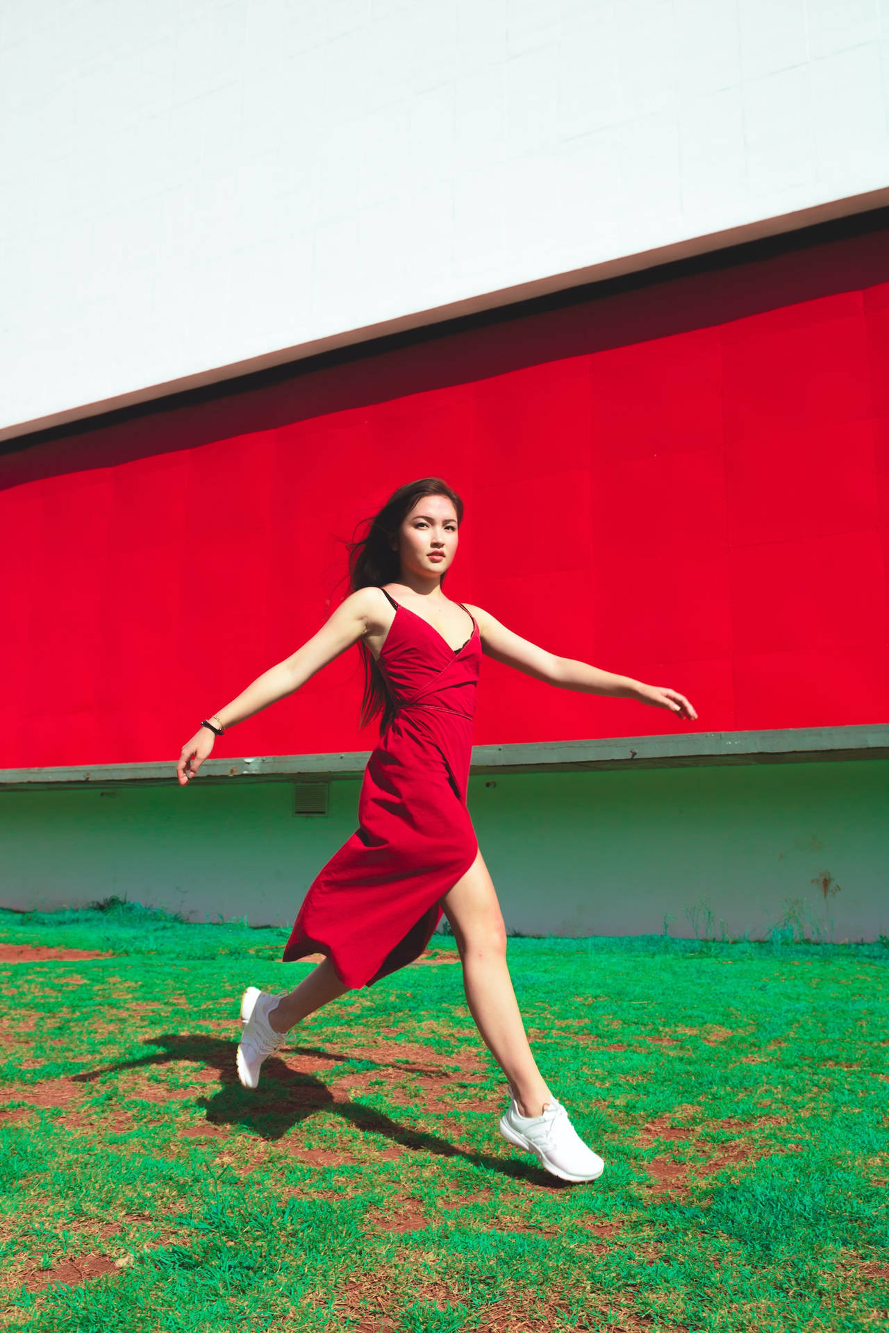 Asian Woman Wearing Fashionable Red Dress