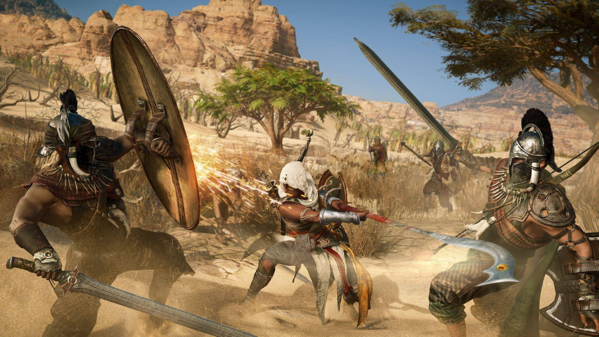 Assassin's Creed Origins Warriors Fighting Background