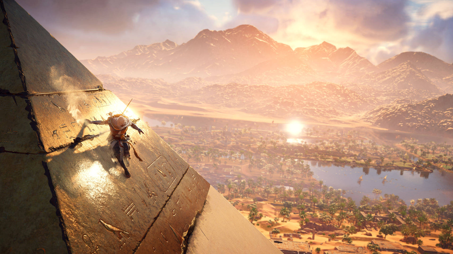 Assassins Creed Origins Bayek On Pyramid Edge Background