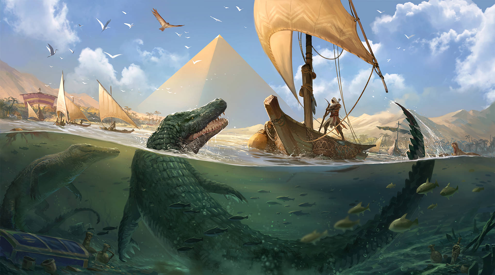Assassins Creed Origins Bayek Riding Boat Background