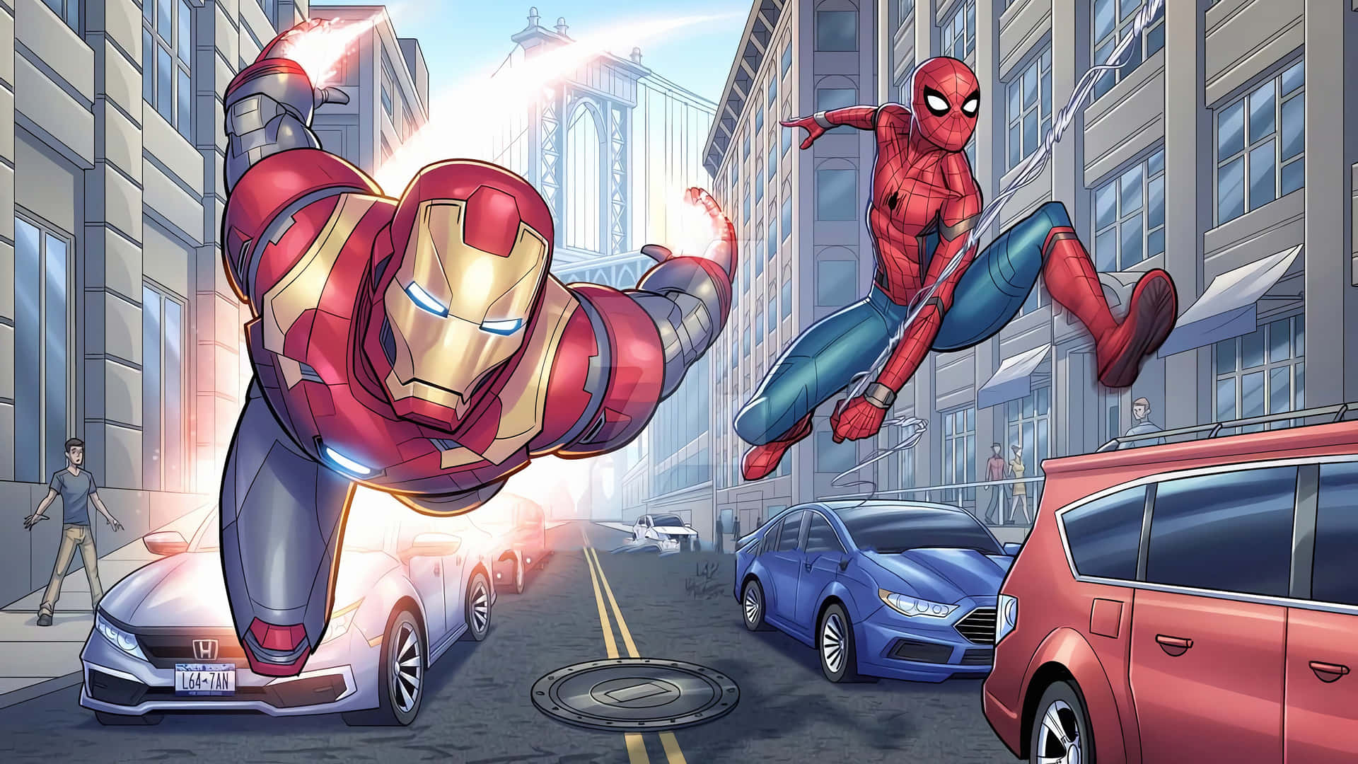 Assemble! Spider Man And Iron Man Join Forces To Fight Evil. Background