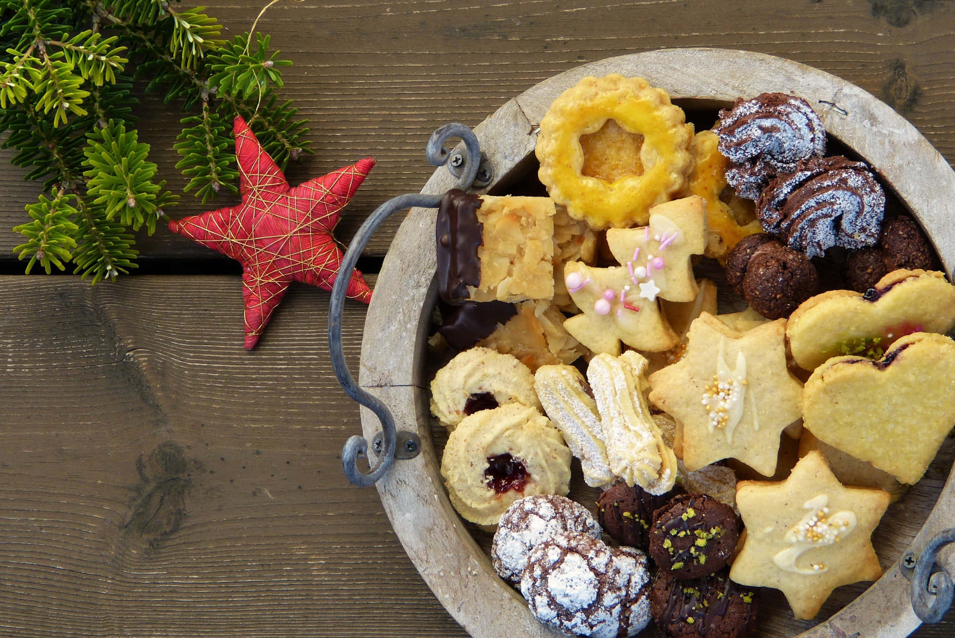 Assorted Christmas Cookieson Wooden Table Background