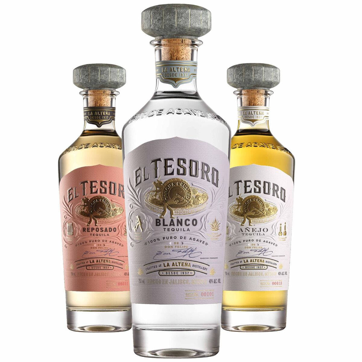 Assorted El Tesoro Reposado, Blanco, Añejo Bottles Background