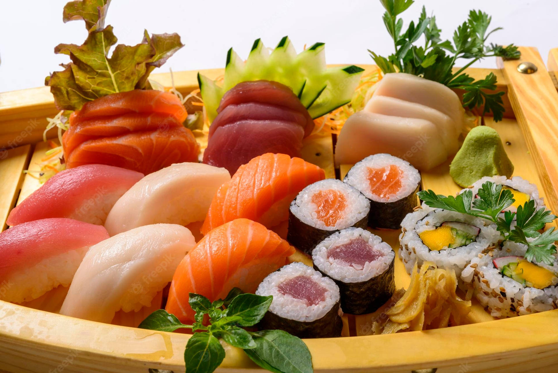 Assorted Sashimi On Wooden Platter Background