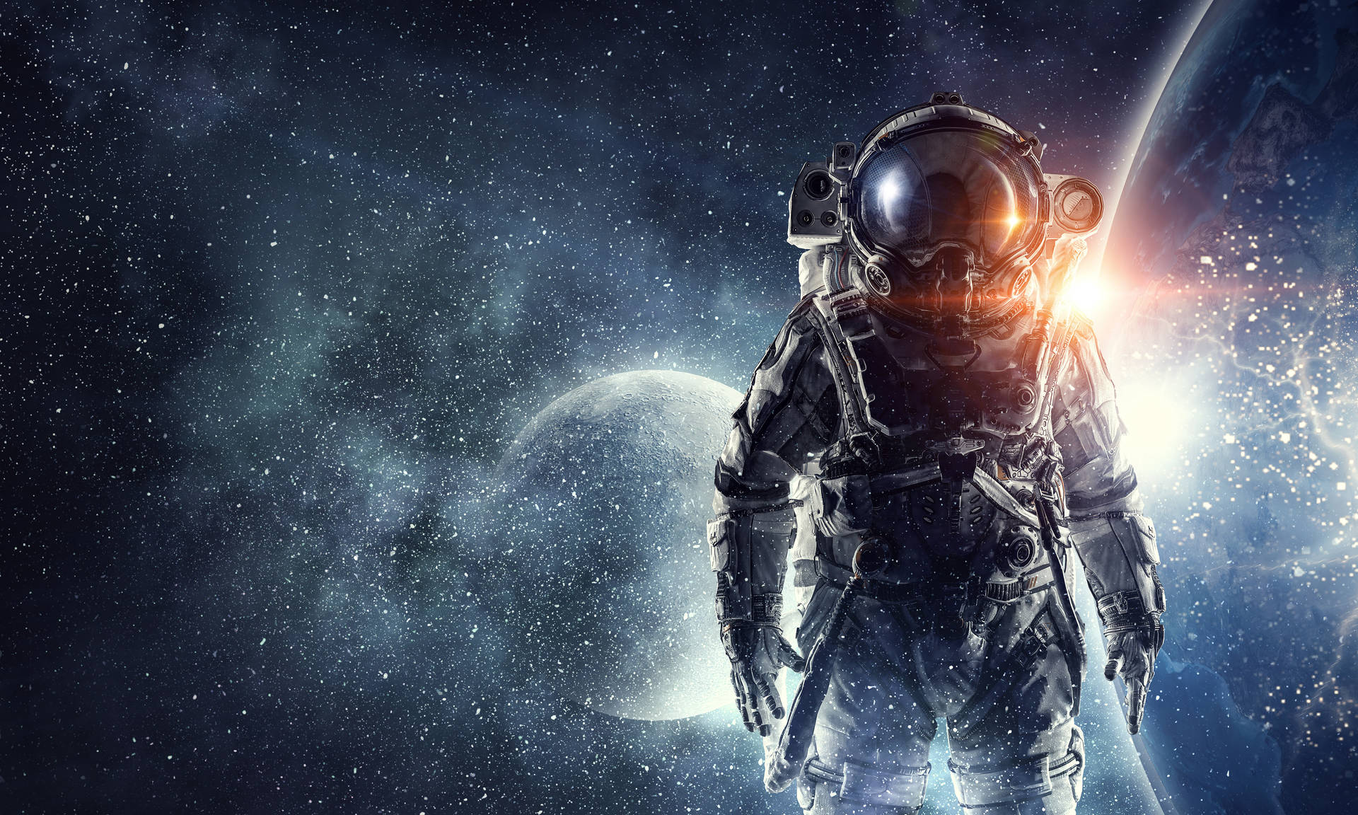 Astronaut Between Moon And Earth Background