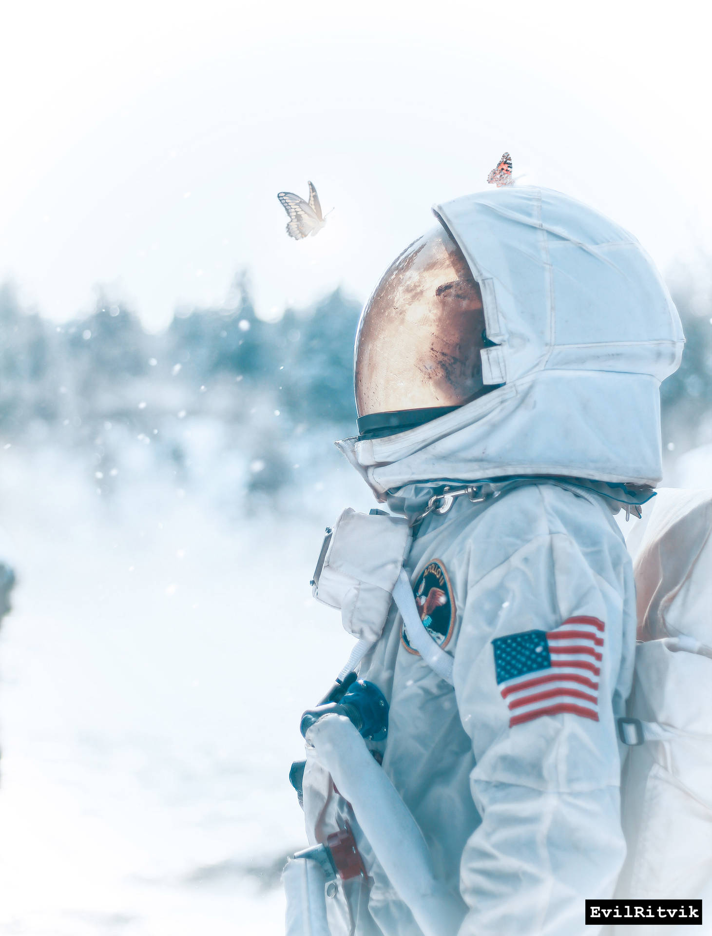 Astronaut Butterfly In Snow Background