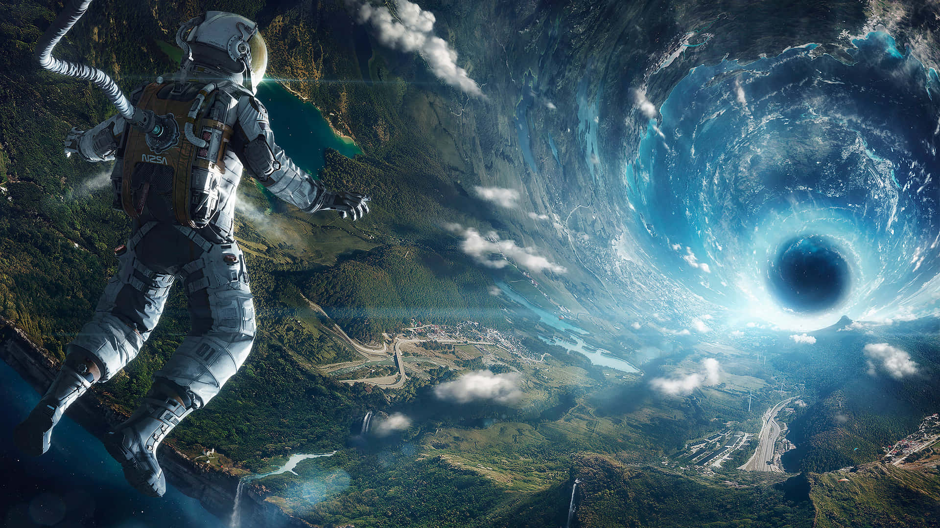 Astronaut Encounters Wormhole Adventure Background