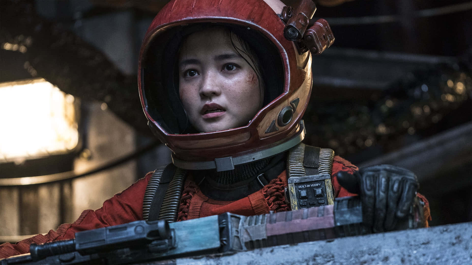 Astronaut Helmet Woman Holding Gun Background