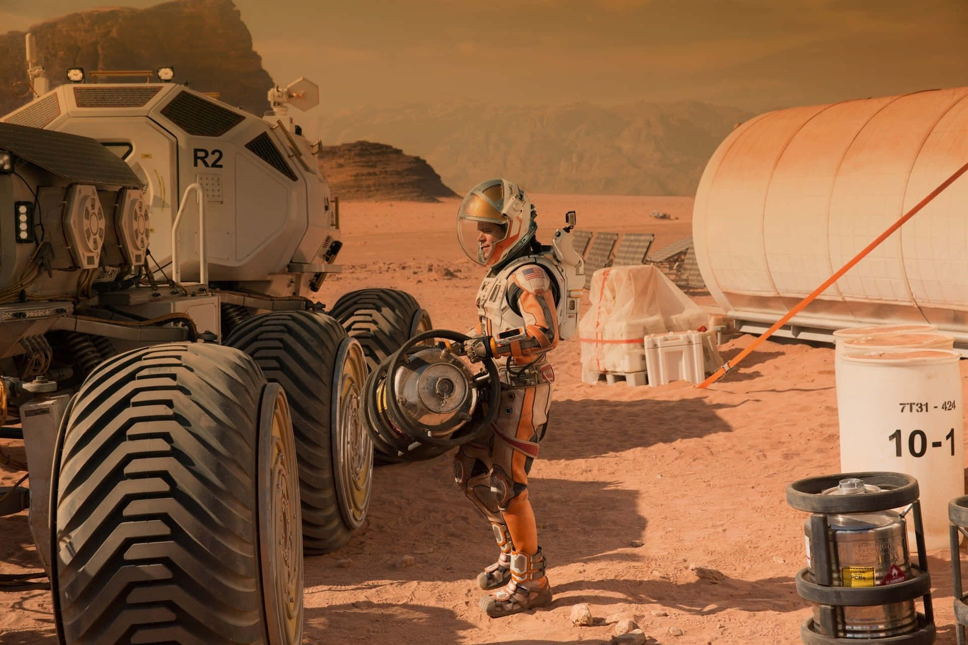Astronaut Mark Watney Confronting Mars' Environment In The Martian Background