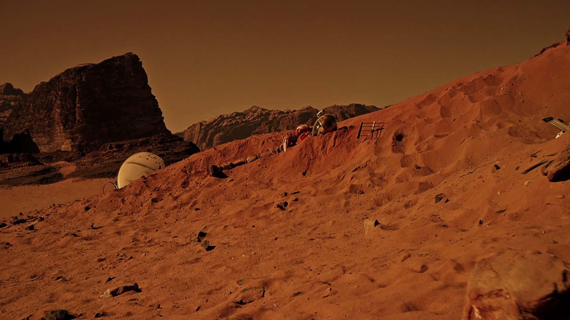 Astronaut Mark Watney Standing On Mars In A Still From The Movie 'the Martian'. Background