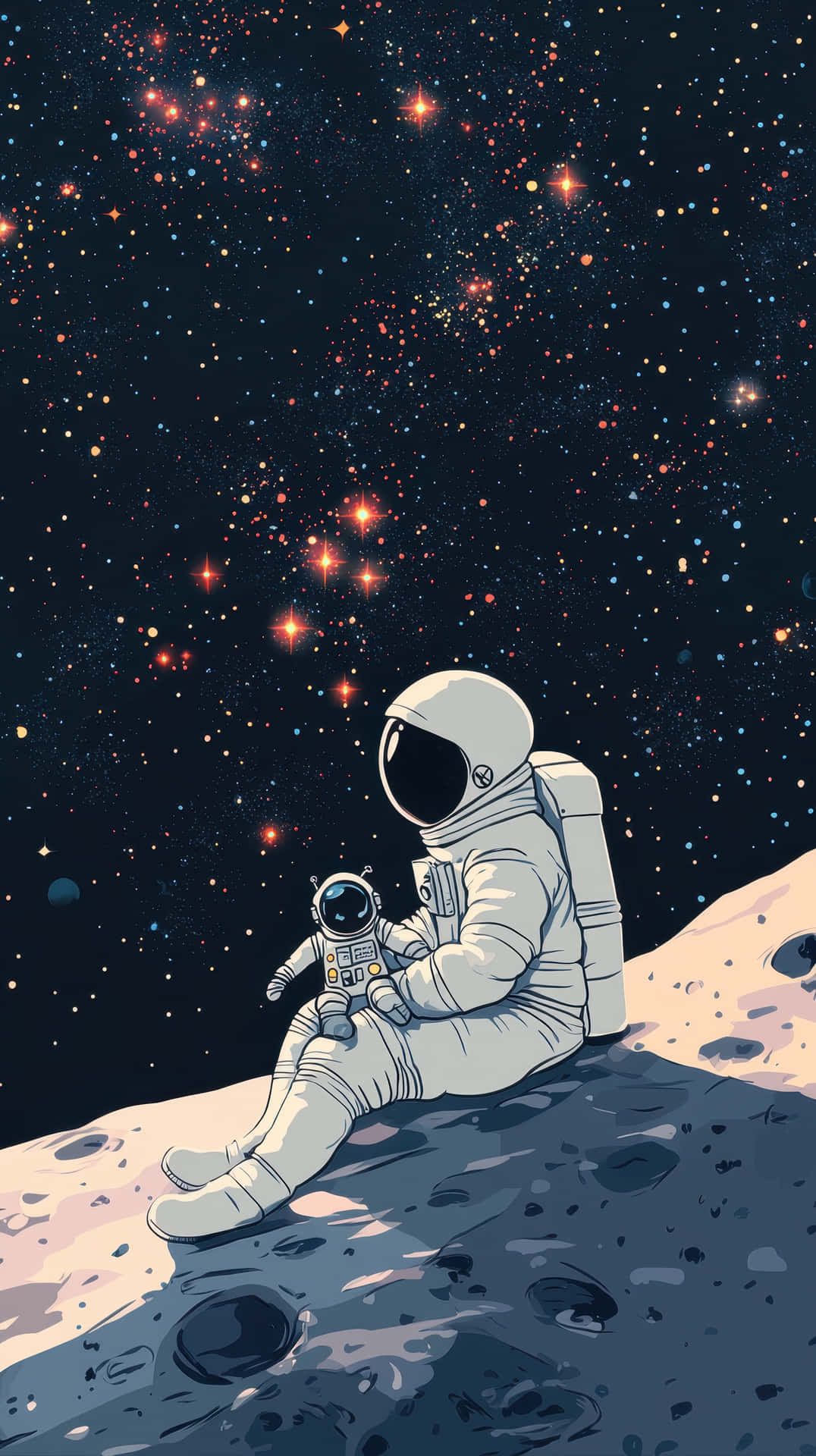 Astronaut Relaxing On A Rocky Cosmic Moon Surface Gazing Into Sky Background
