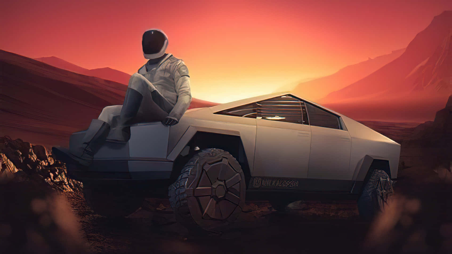 Astronaut_ Sitting_on_ Futuristic_ Car_ Mars_ Sunset Background