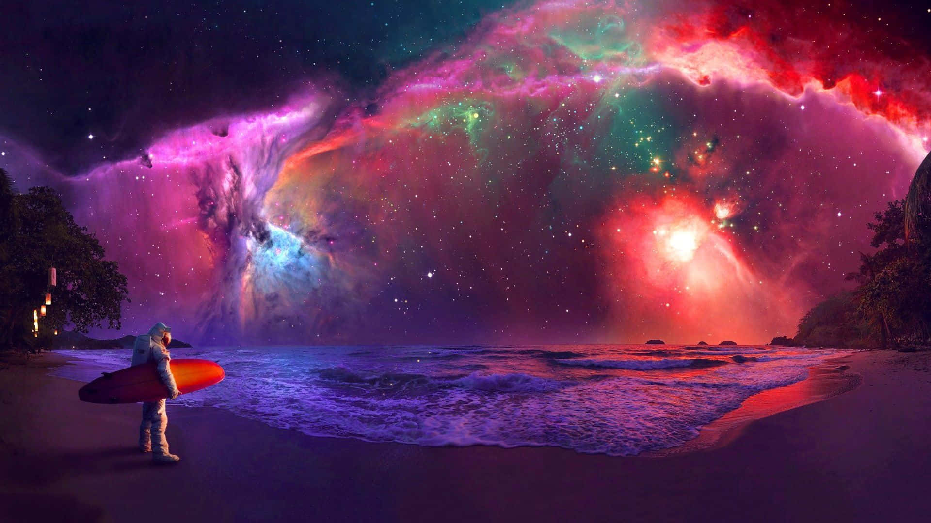 Astronaut Surfing In The Trippy Galaxy Background