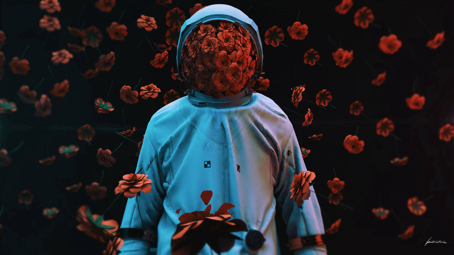 Astronauts Floating Flowers Background