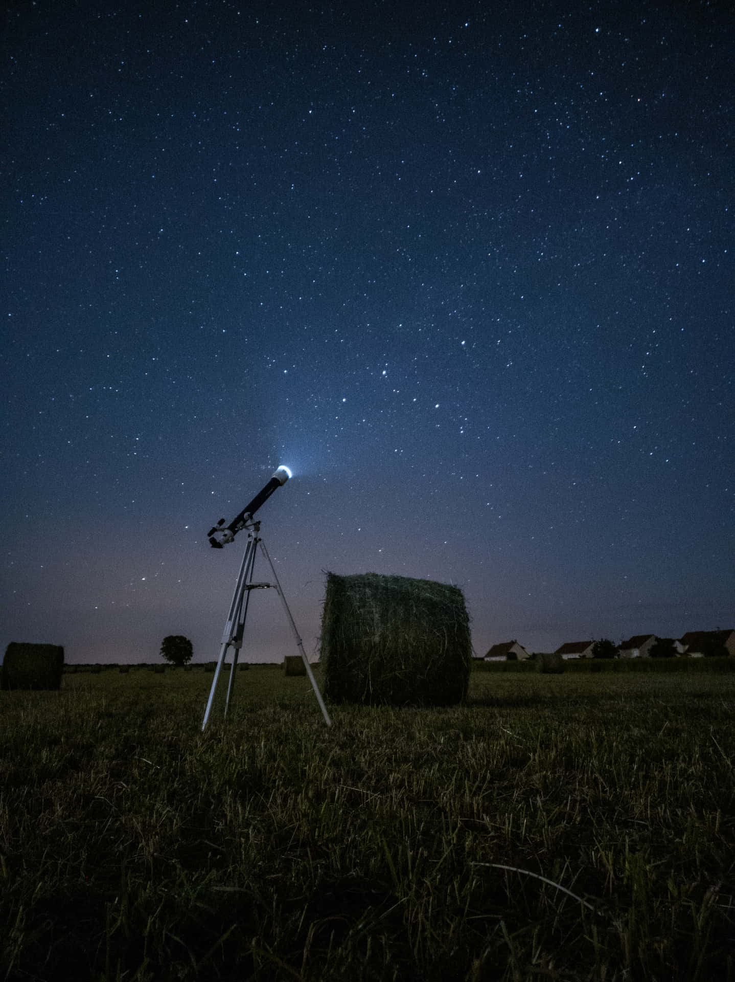 Astronomy Telescope In Field At Night Background