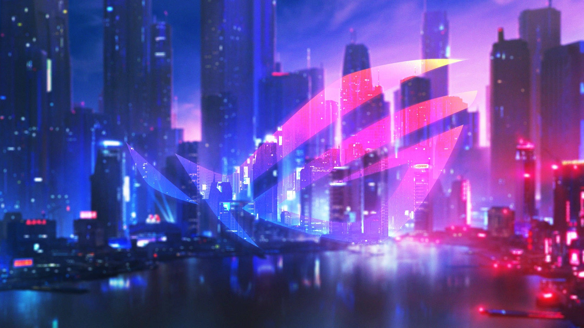 Asus Rog 4k Gaming Logo On Blurred City Background