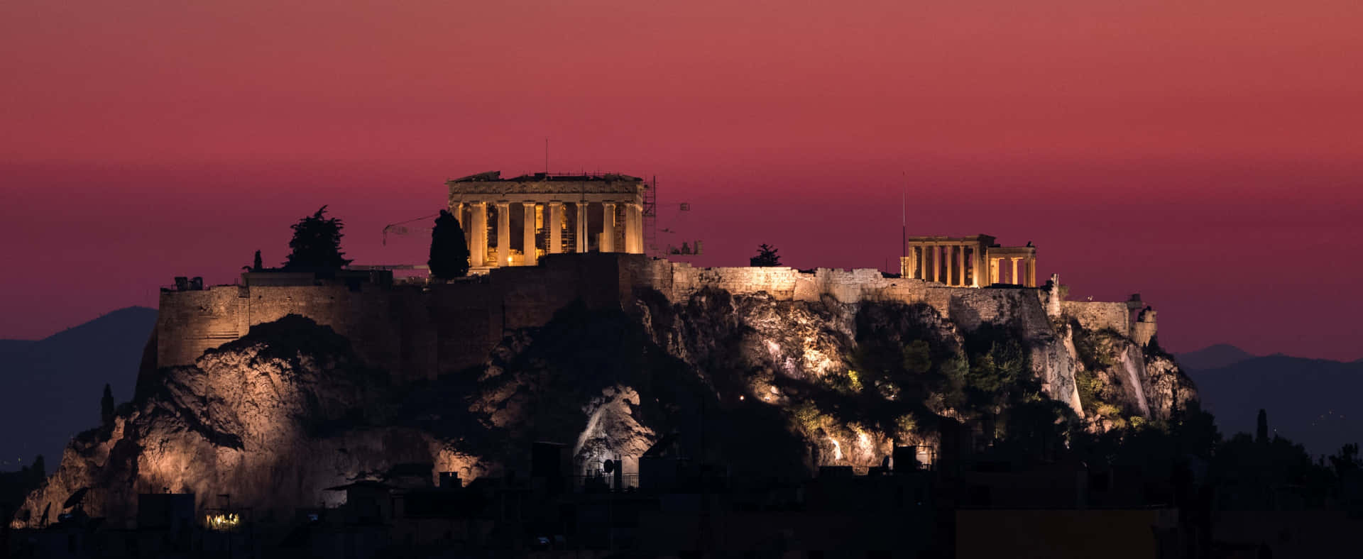 Athenian Acropolis Crimson Glow Sky View Background