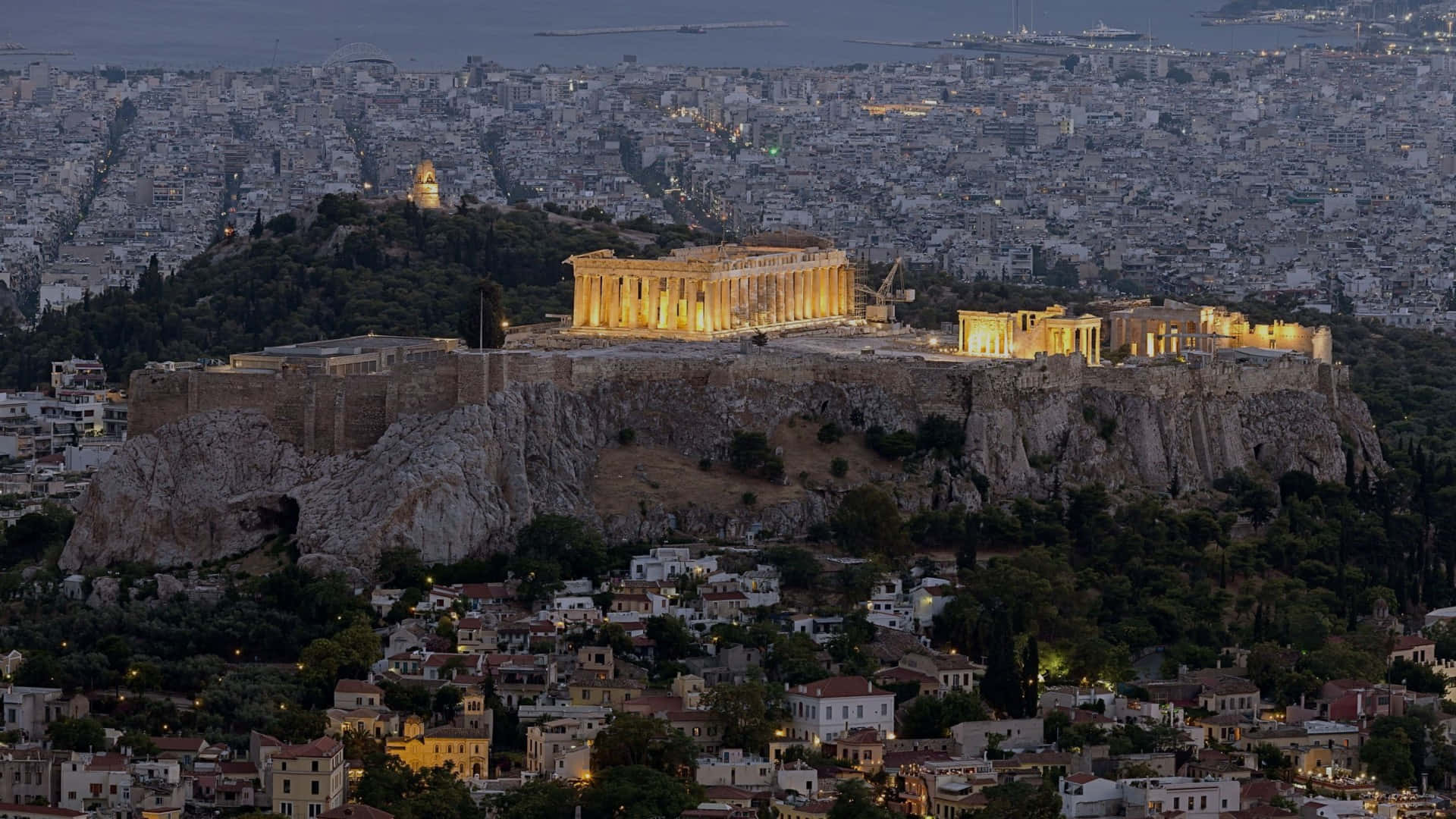 Athenian Acropolis With Yellow Accent Lights Background