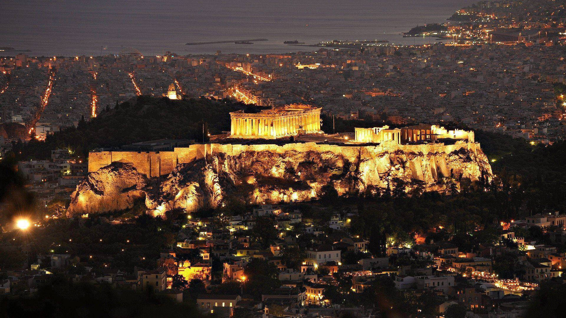 Athens Parthenon In Night Time Background