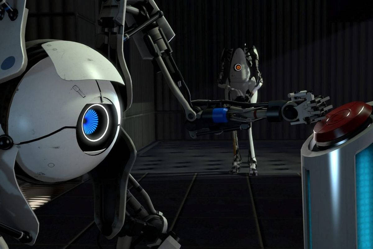 Atlas Pressing A Red Button Portal 2 Dual Screen Background