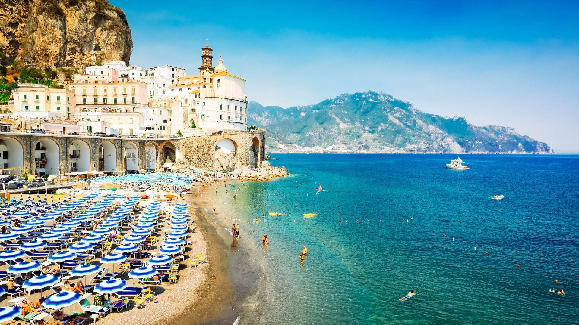 Atrani Blue Ocean Beach In Amalfi Coast Background