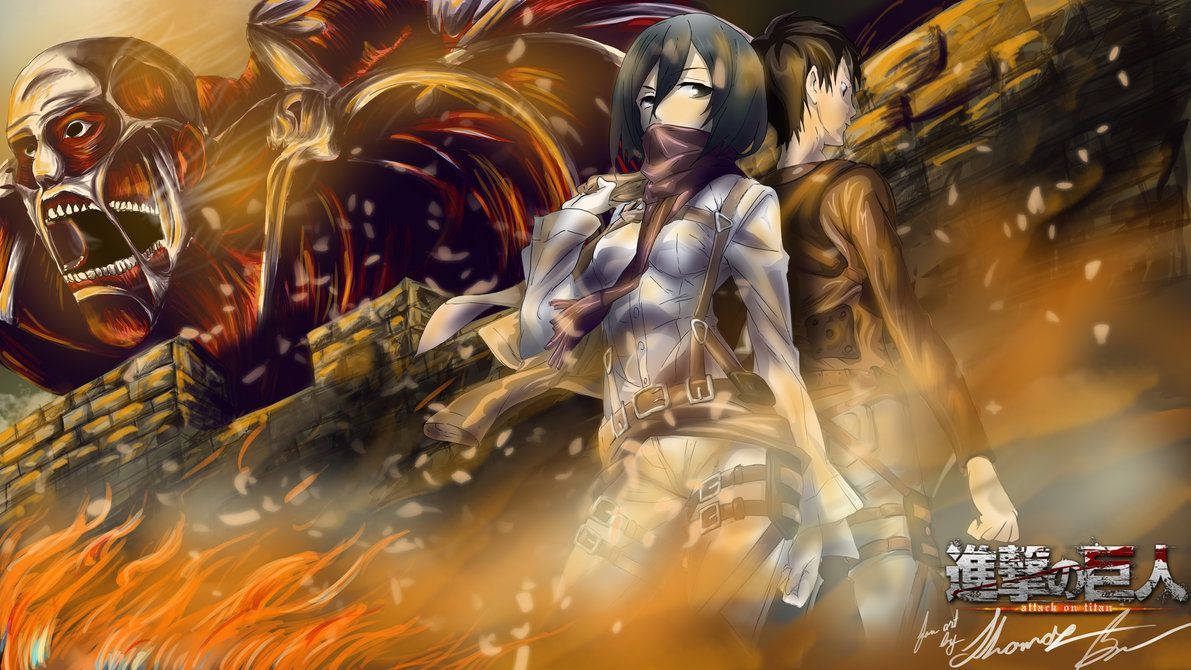 Attack On Titan Eren Mikasa Fan Art Background
