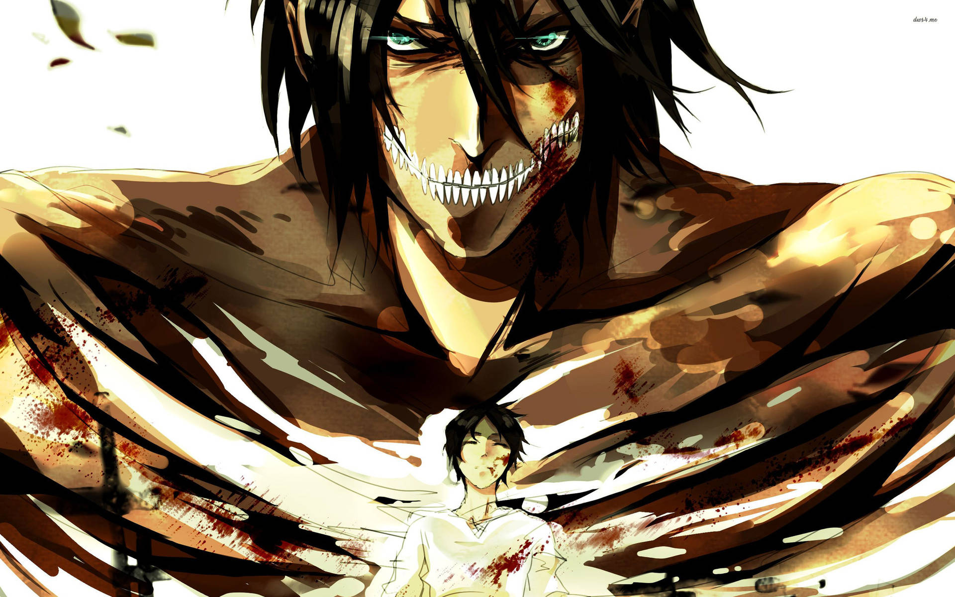 Attack On Titan's Titan Eren Fighting Against A Colossal Titan Background